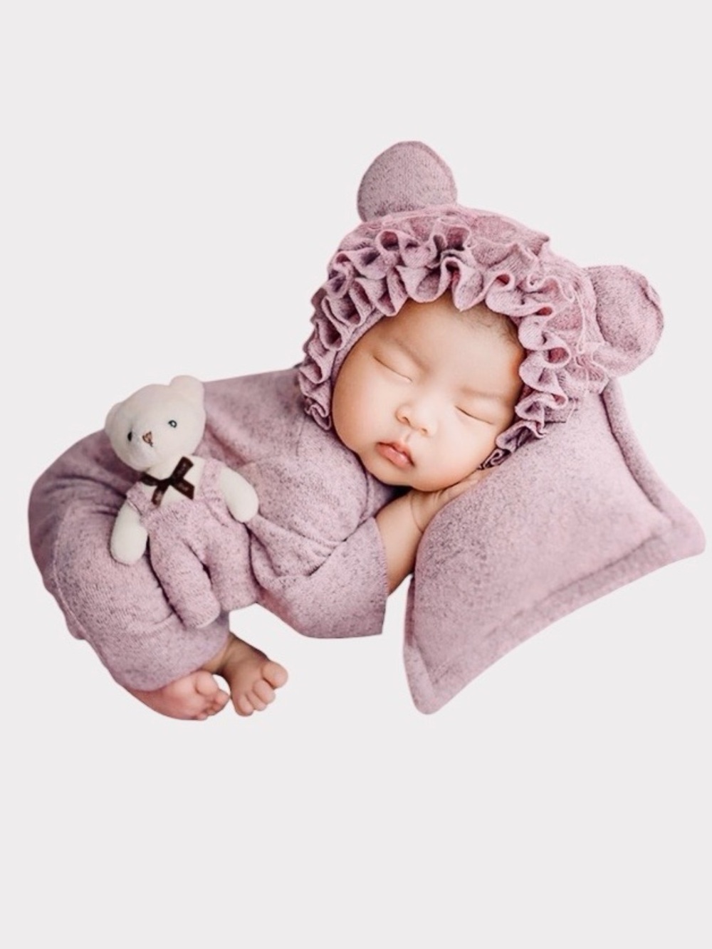 Newborn Bear Romper with Ruffled Hood & Teddy Bear — PILLOW NOT INCLUDED